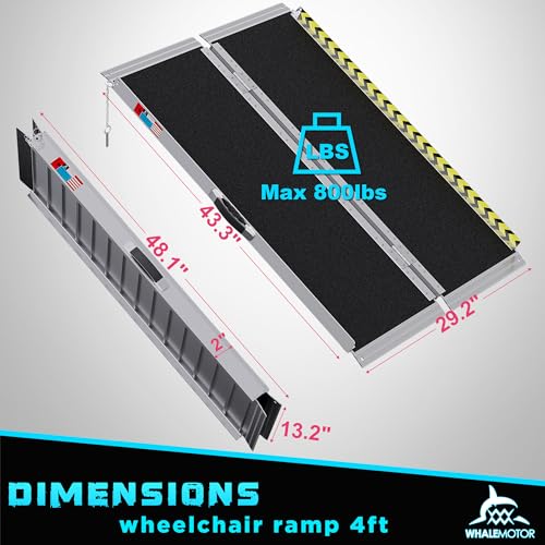 Image of WHALEMOTOR Portable Wheelchair Ramp 4FT, Anti-Slip Aluminum Folding Portable Ramp, Wheelchair Ramps for Home, Weight Capacity Up to 800 LBS, with Transition Plates Above and Below, Loading Dock Plates