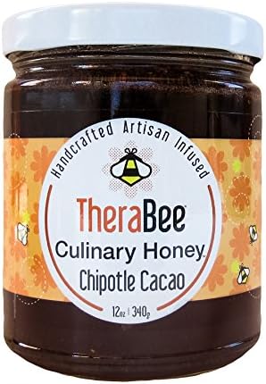 TheraBee Chipotle Cacao Culinary Honey. Made with 100% pure, raw, unheated, unfiltered, USA honey. Handcrafted and infused with organic chipotles dehydrated and smoked over cherry wood, organic cacao beans and madagascar vanilla beans. Spicy ans d tasty aa BBQ Glaze, drizzled warm brownies, in salad dressings or straight out of the jar. 100% Natural. Gluten Free. Beautiful and unique gift idea for the foodie on your list.