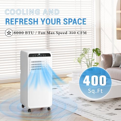 Image of Erivess 8,000 BTU Portable Air Conditioner, 3 in 1 AC Unit with Built-in Cool, Dehumidifier & Fan Modes for Room up to 400sq.ft, with Remote Control, 24 Hour Timer, Installation Kits