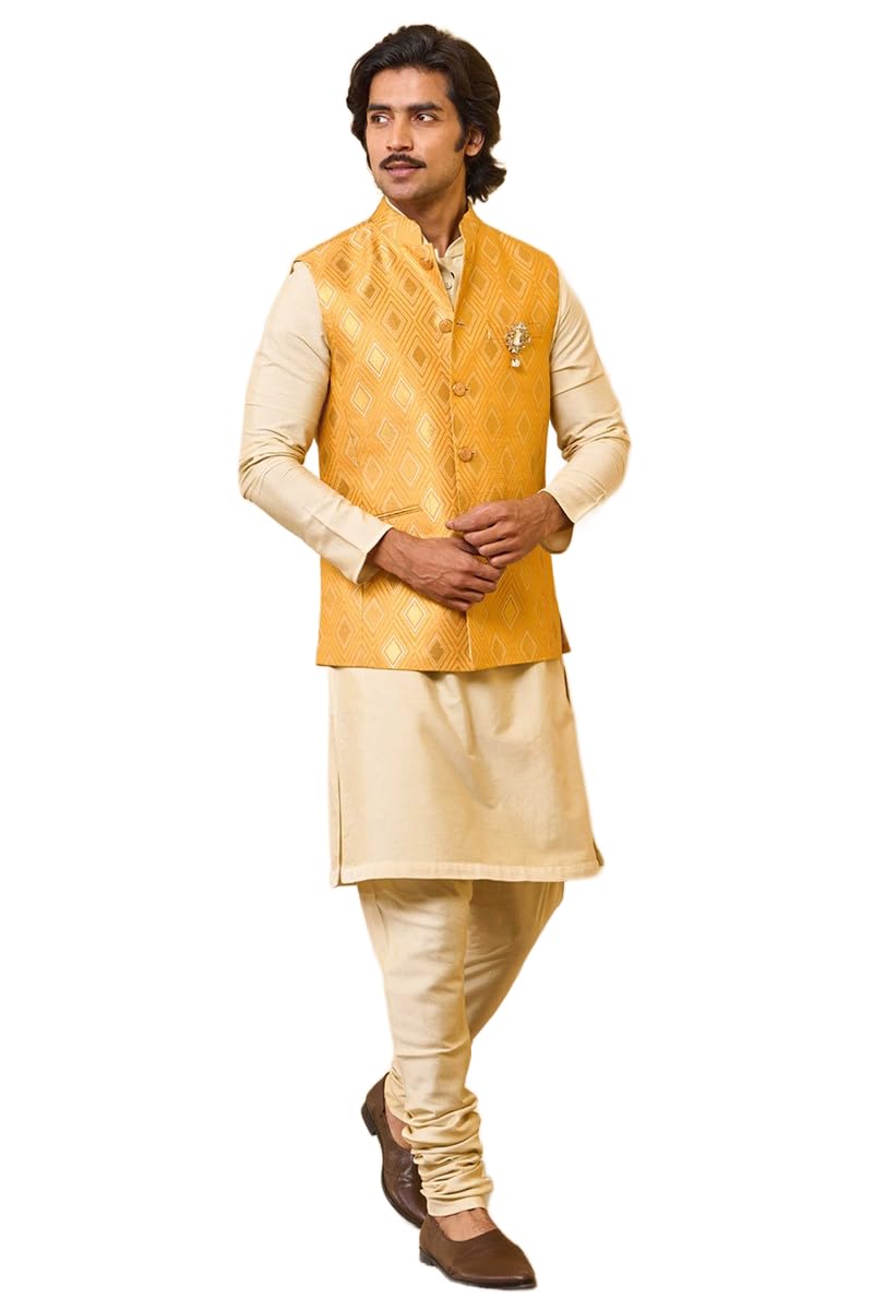 tasva Yellow Brocade Bundi For Men-picture-30