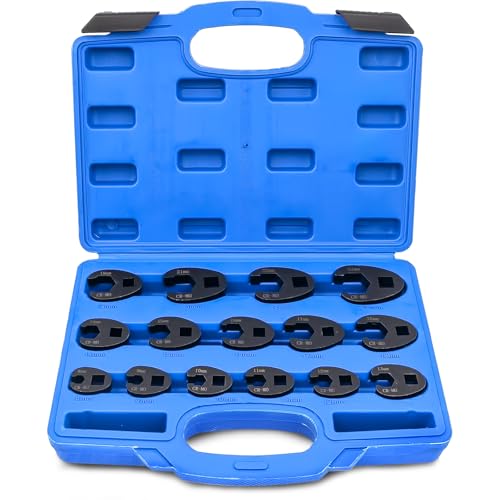 Kaxtde 15 Pieces 3/8’’ 1/2’’ Drive Crowfoot Wrench Set, 8-24 mm Metric Crows Foot Spanner Kit, Ratchet Flare Nut Wrench Tools for Removal, Chrome-Moly Steel