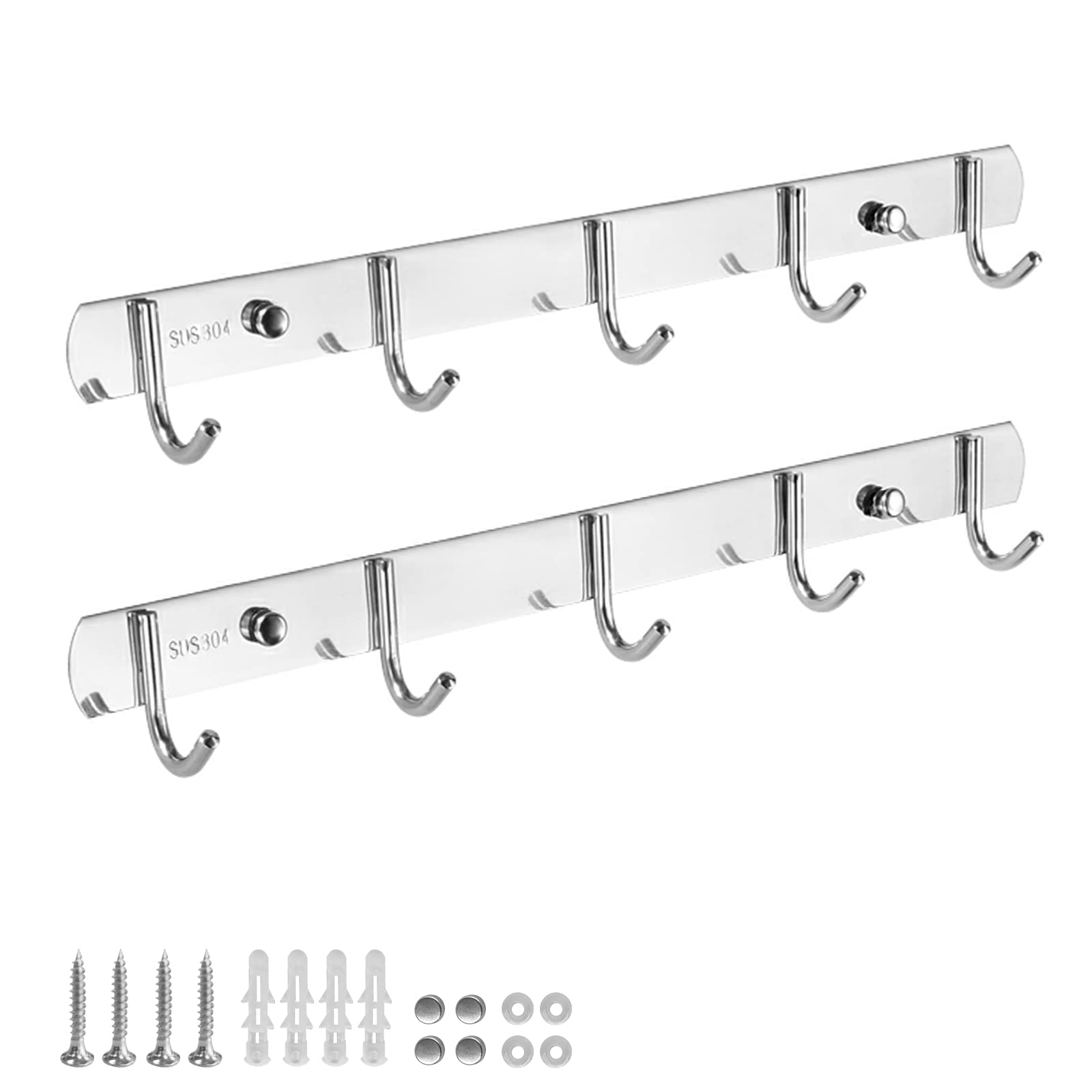 TooCust 2 Pack Thickened 304 Stainless Steel Coat Rack Wall Mount - 5-Hooks Wall Mounted Hook Racks, Brushed Nickel Coat Racks for Wall, Silver Wall Mount Hooks for Living Room, Kitchen, Bathroom