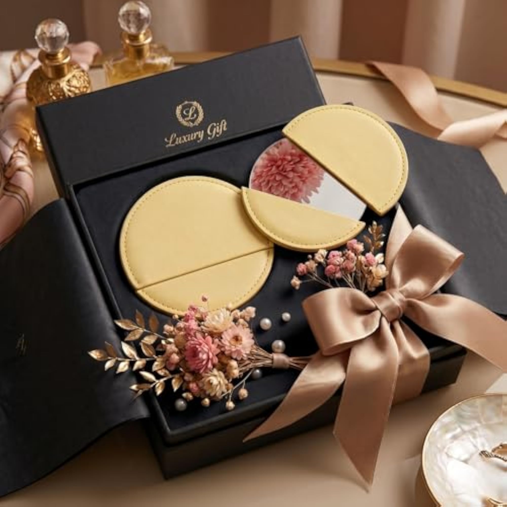 Compact Stainless Steel Pocket Mirror with PU Leather Case