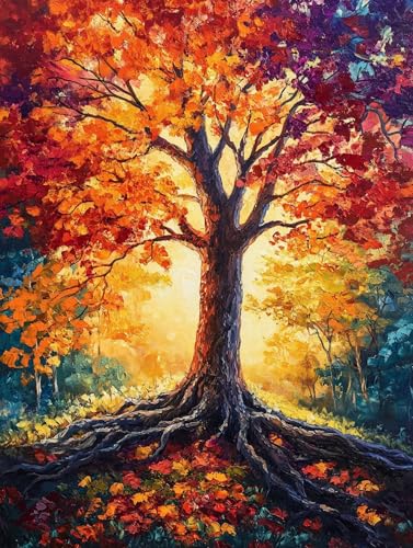 木 数字油絵 数字キット塗り絵 手塗り DIY絵 デジタル油絵 秋 パターンデザイン, ペイントバイナンバー 初心者向け 簡単 paint by numbers ブラシとアクリル絵の具が入, ホーム オフィス装飾 30X40cm, Model 294