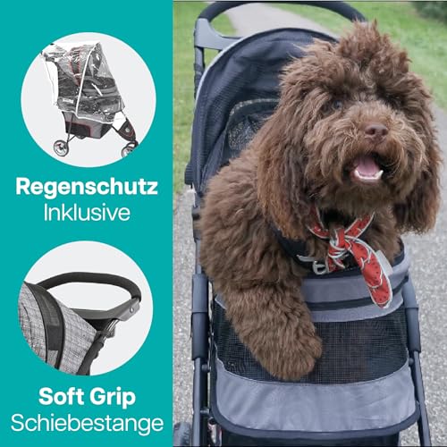 Innopet Hundebuggy Avenue Meliertes Grau leichter Katzenbuggy - Regenschutz inklusive - Hundewagen für die Stadt - faltbarer,wendig, kompakt - mit Sicherheitsleinen & Aufbewahrungskorb