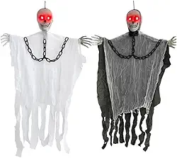 Kit 2 Caveiras Suspensas Fantasmas Preto e Branco com Luz LED Vermelha – Decoração Halloween, Enfeite Assustador para Casa, Festa, Varanda e Eventos Temáticos