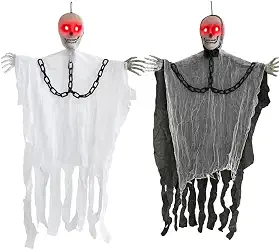Kit 2 Caveiras Suspensas Fantasmas Preto e Branco com Luz LED Vermelha – Decoração Halloween, Enfeite Assustador para Casa, Festa, Varanda e Eventos Temáticos
