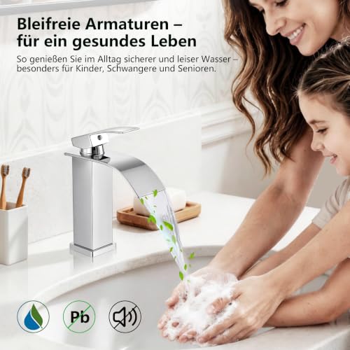 HOMELODY Wasserhahn Bad Chrom, Bleifreie Wasserfall Waschtischarmatur Bad – Ansicht 6