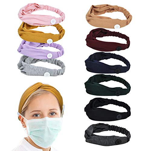 10Pcs Women Button Headbands for Face Mask, Non Slip Elastic Twisted Hair Bands with Button in 10 Colors, Cross Knotted Boho Stretchy Hair Bands for Nurse Doctor, Turban Headwrap for Workout, Yoga