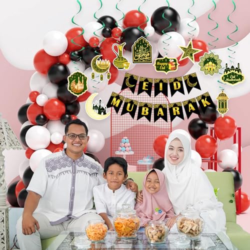 Image of Rozi Decoration Eid Mubarak Balloons Garland Decorations Set of - 73 Pcs with Banner, Swirls, Balloons, Arch & Glue Dot for Ramzan Decorations, Eid Decorations for Home