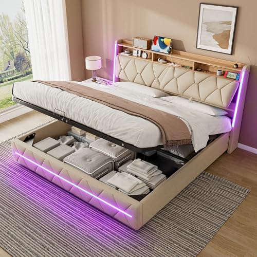 ZUUYEE Bett 180x200 mit LED und USB, Doppelbett Polsterbett 180x200 mit Stauraum und Kopfteil, Bettgestell Betten mit Bettrahmen und Lattenrost, Hydraulische Bett, Beige, Leinen, ohne Matratze