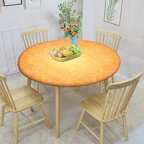 Yellow Mandala Fitted Round Table Cloth,Yellow Round Ornament Lotus Print Elastic Edged Print Polyester Table Cover,, Fits Round Table 48