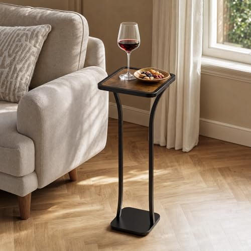 Image of Small Square Side Table, Drink Table with Weighted Base, Solid Wood & Metal Accent Table for Small Spaces, Pedestal End Table for Living Room, Bedroom, Office(Black + Walnut)