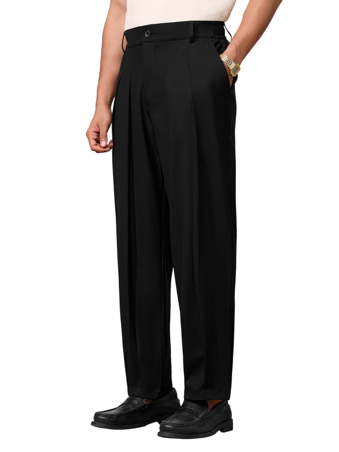 the souled store Fusion Pants: Mens and Boys Mid Rise Wide Leg Solid Polyester Viscose Blend Baggy Fit Easy to Style Everyday Office Wear Wrinkle Resistant Super Flex Pants-picture-28