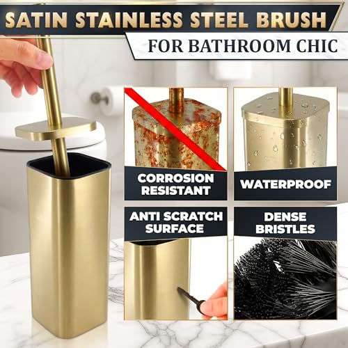 Image of Gold Toilet Brush with Square Holder - Toilet Brush and Holder Set Gold, Stainless Steel Handle with Splash Shield, Replaceable Head and Removable Inner Cup - Freestanding Bathroom Toilet Cleaning Set
