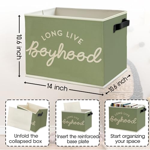 Image of Long Live Boyhood Boys Storage Bins Box with Handles, Green Collapsible Basket Organizer for Kids Teen Boy Nursery Room Bedroom Bathroom Playroom Books Clothes