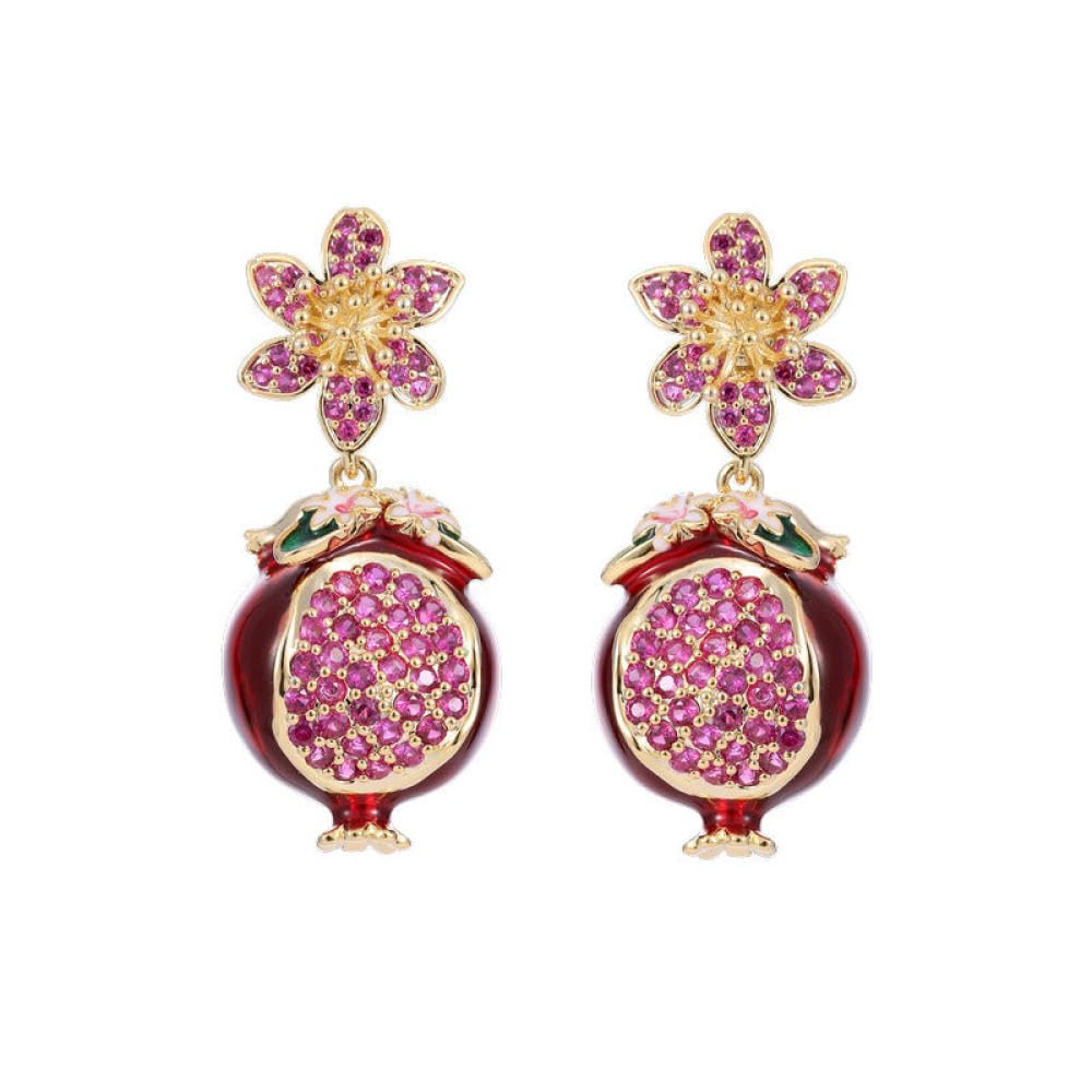 LCDIUDIU Hypoallergenic Earrings, Red Pomegranate Fruit Flowers Inlaid Zirconia Unique Chic Hypoallergenic Earrings Dangling Dangly Luxury Jewelry For Women Lady Girls Marry Birthday Xmas Gifts