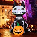 GOOSH 5 FT Halloween Inflatables Skeleton Cat Outdoor Decorations Blow Up Yard Cute Black Cat with Pumpkin Built-in LEDs for Garden Lawn Indoor Party Decor