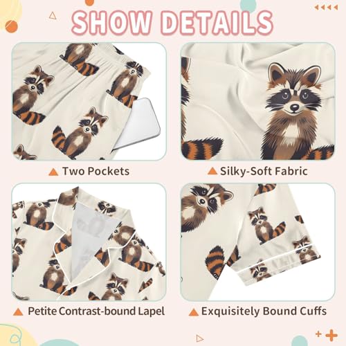 senya Sitting Raccoon Cute Satin Summer Pajama Sets Silk Short Sleeve Button Down Sleepwear3