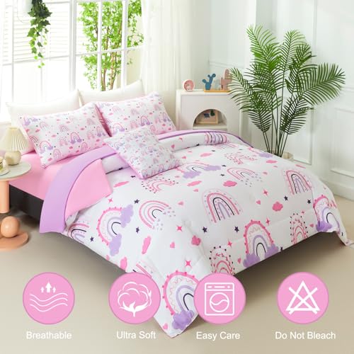 Image of Colorful Rainbow Comforter Set Queen Size Pink Purple Cloud Print Bedding Set with Sheets Soft Lightweight 6 Pieces Bed in A Bag for Girls Women (Puprle Rainbow, Queen)