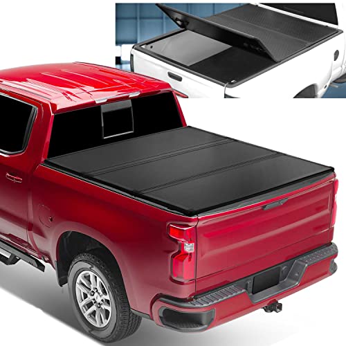 FRP Hard Solid Tri-Fold Adjustable Truck Tonneau Cover Compatible with Chevy Silverado GMC Sierra 1500 5.8ft Short Bed 07-18, Black Powdercoated