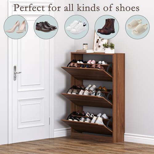 Image of BORNOON Shoe Cabinet with 3 Flip Drawers, Slim Narrow Shoe Storage Cabinet, Freestanding Shoe Organizer with Adjustable & Removable Shelves, Top Display Shelf for Entryway, Hallway, Foyer, Closet