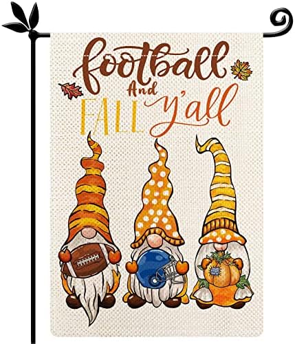 YOVOYOA Fall Football Pumpkin Gnomes Welcome Garden Flag, Football and Fall Y'all Garden Flag, 12.5 x 18 Inch Small Double Sided Harvest Thanksgiving Fall Flag for Patio Lawn Farmhouse Outdoor Decor