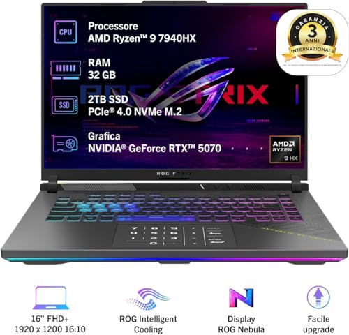 ROG Strix G16 (2025) con Display da 16" a 165Hz, NVIDIA GeForce RTX 5070 Ti 12GB, AMD Ryzen™ 9 8940HX, 32GB di RAM, 2TB SSD, Win 11 Home, Grigio, Layout ITA, G614PR#B0DWSXVJS6 - Notebook - Immagine 1