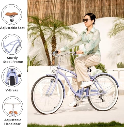 Image of ACEGER Girls Beach Cruiser Bike for Kids 5-13 Years Old, 16 inch 18 inch 20 inch 24 inch Single Speed Kids Bicycle Included Coaster Brake, Front and Rear Reflectors, 24 inch 7 Speeds with Dual Brakes