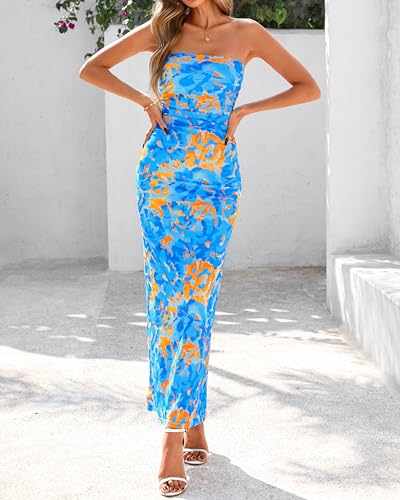 BTFBM Women's Floral Maxi Dresses Summer 2025 Strapless Tube Bodycon Mesh Layered Cocktail Party Wedding Guest Dress
