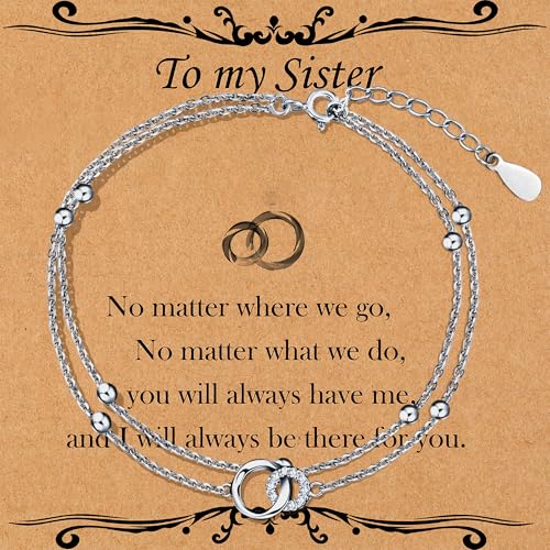 Sister Birthday Present : Cool Gifts for Adult Sister - Sterling Silver Interlocking 2 Circles-Dainty Layering Bracelets for Sisters, Christmas Valentine's Day Jewelry Gifts for BFF