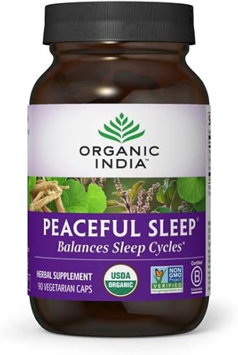 Organic India Suplemento de hierbas Peaceful Sleep Apoya los ciclos de sueño, vegano, sin gluten, certificado orgánico USDA, sin OMG, apoya la