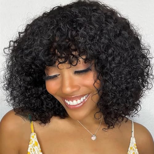 Queenset Short Curly Human Hair Wigs with Bangs Glueless Wigs