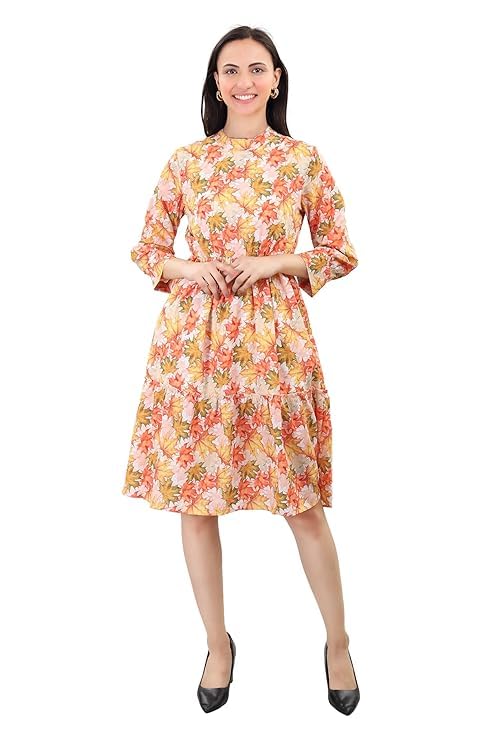 Image of A-Line Floral Printed Fit & Flared Western Brown Dress for Women | One Piece Midi Dress for Women Stylish Western Printed Dresses