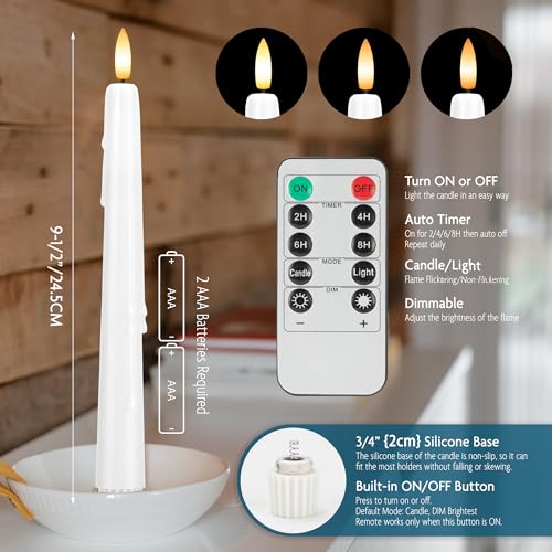 Image of Dripless Flameless Taper Candles 9.6 inch, Battery Operated LED Candles with Remote and Timer, Unique Candlesticks with 3D Flame for Wedding Decor, 6 Pack White