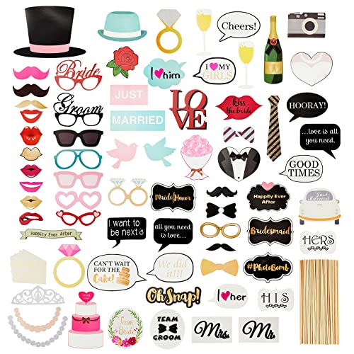 Lustige Fotorequisiten von Blue Panda (Set, 72 Stück) - Für witzige Fotos auf Hochzeiten zum Vors-Gesicht-Halten - Hüte, Brillen, Kussmünder, Sprechblasen - Größen von 7,6 x 4,3 cm bis 24,1 x 17 cm Cover