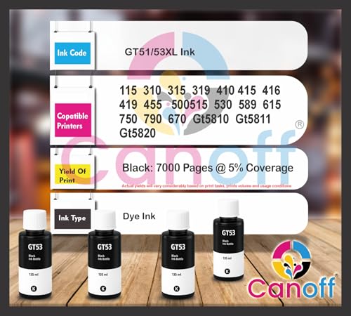 Image of CANOFF GT51Xl /GT53Xl Black Refill Ink Compatible for HP Ink Tank 115,310,315,319,410,415,416,419,455,500,515,530,589,615,750,790,670,GT5810,GT5811,GT5820 (GT53xl Black 4pc.)