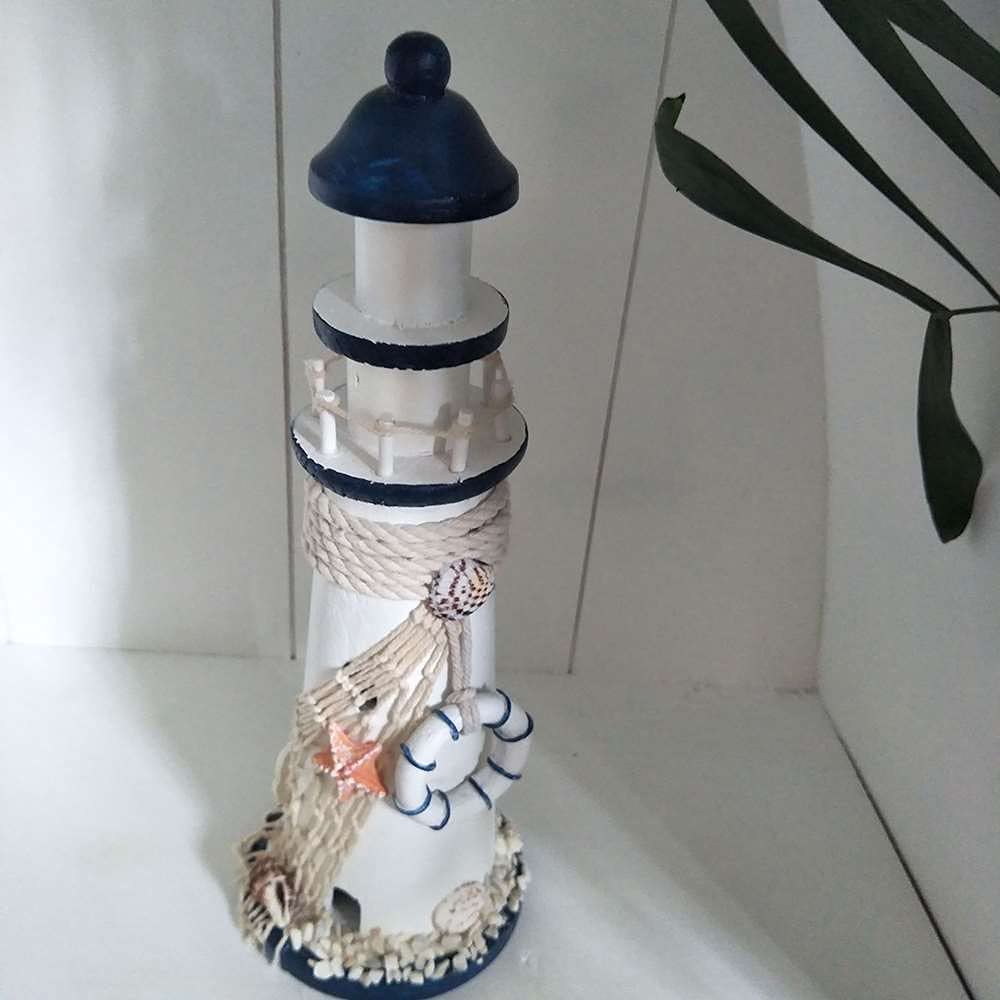 Sculpture Drewniana latarnia morska światła wieży Dekoracje Dekoracje Miniatur Starfish Shulls Handmade Desktop Dekoracyjne Ozdoby rzemiosła Statue