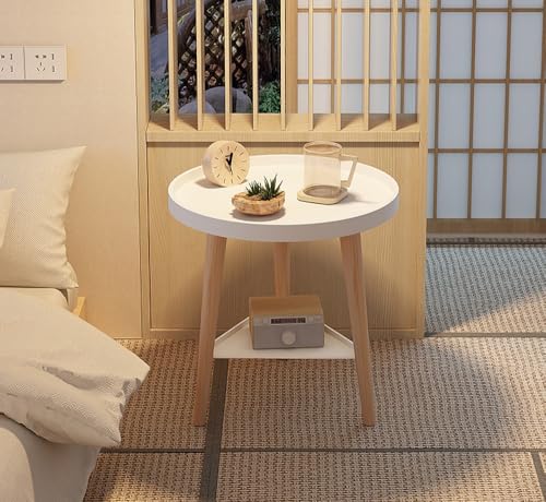 shaneer 丸型 サイドテーブル【三脚設計】簡易組立 省スペース 軽量 直径 40cm× 高さ 44cm 寝室・リビング・ソファ脇用 一人暮らし向け おしゃれインテリア ベッドサイドテーブル 食卓補助 (ホワイト,2段)