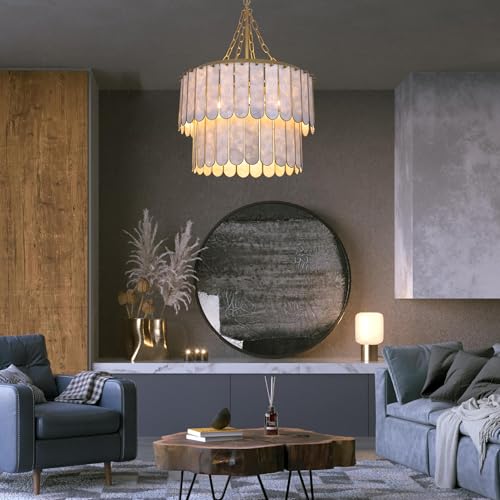TOCHIC Shell Chandelier Light Fixture, 5-Light Capiz Chandelier Coastal Gold Bathroom Chandeliers Over Tub, Modern Seashell Round Hanging Pendant Lighting for Dining Room Living Room Bedroom Hallway - Image 3