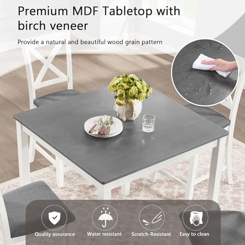Image of Harper & Bright Designs 5-Piece Counter Height Dining Table Set with 4 Chairs, Square Wooden Kitchen Table Set for 4, Modern Small Space Dining Room Set with Padded X-Back Chairs, Grey & White
