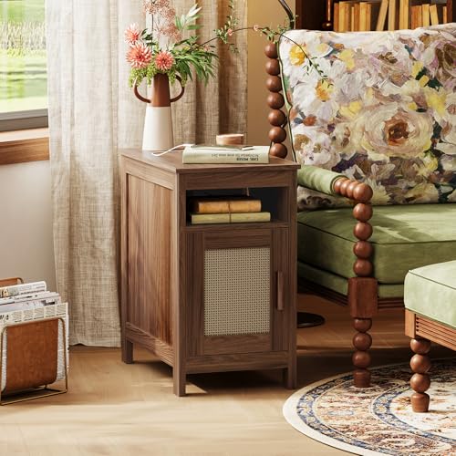 Huuger Narrow Night Stand, End Table with Charging Station, USB-C Port, Rattan Side Table with Cabinet and Open Shelf, Synthetic Rattan, for Small Spaces, Bedroom, Walnut by Huuger - Image 5