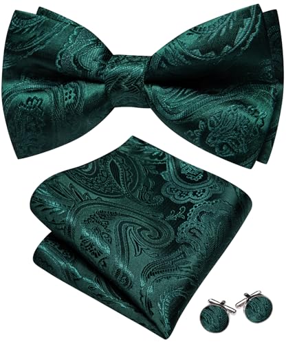 Image of Barry.Wang Paisley Striped Bow Tie for Men Silk Pre-Tied Bowtie Pocket Square Cufflinks Set Formal Wedding Party Prom