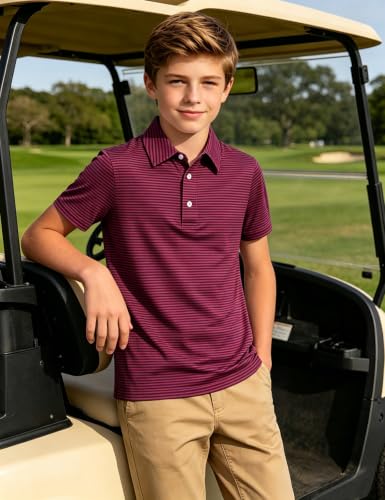 Cuddomper Boy Polo Stripe Shirt Size 7-8 Dark Red Short Sleeve Golf Top - image 2