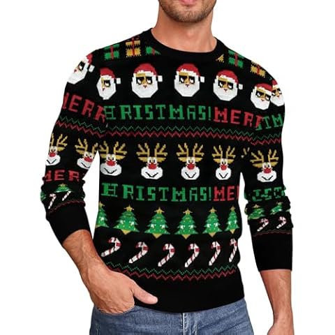 Aimeilgot Mens Christmas Sweater Knitted Xmas Snowflake Casual Stretch Comfortable Pullover Christmas Patterns Sweaters Black H, X-Large Cover