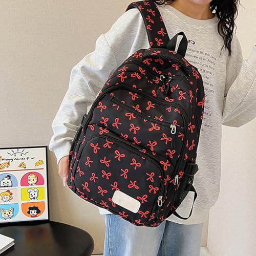 Bow Backpack for Girls, Trendy Nylon Rucksack, Cute Preppy Bag Floral Printed Kawaii Backpack 3 PCS Set (Red)4