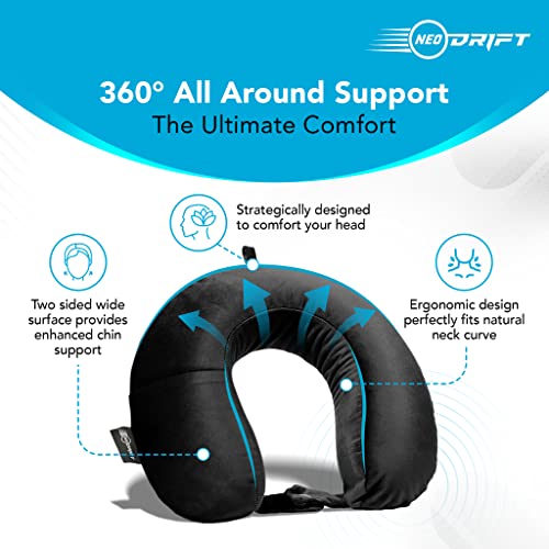 Image of Neodrift TravelNeck - Travel Neck Pillow with Memory Foam Head Support for Airplane, Car, Train, Bus, and Home Use - Ultimate Comfort Velvet Cushion Travel Pillow (Color: Black)