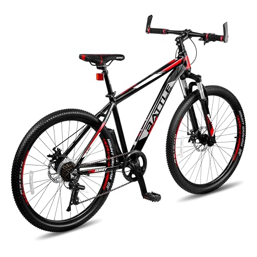 Image of Vaux Battle 518 26T Gear Cycle for Men with 17 inch Alloy Frame & 7 Speed Shimano Gears, MTB Cycle with Gears with Double Disc Brakes & Front Lockout Suspension, Ideal Height 4ft 8inch+ (Red)