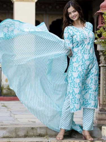 Image of PARTHVI Women Straight Floral Printed Kurta and Pant Set with Dupatta | Ethnic Set | Dupatta Set | Suit Set | Kurta Set | Wedding Suit Set