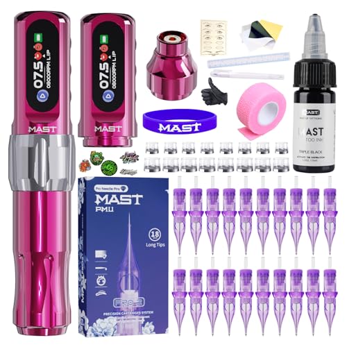 Mast Tattoo Tour2 Pro Cordless Tattoo Gun Kit for Beginners with Practice Fake Skin Rotary Tattoo Machine 2 Replaceable 800mAh Battery Cartridge Needles Black Ink for Home Training
